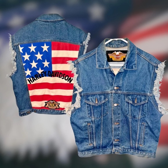 NWT VINTAGE Harley Davidson Denim Vest Men's USA American Flag